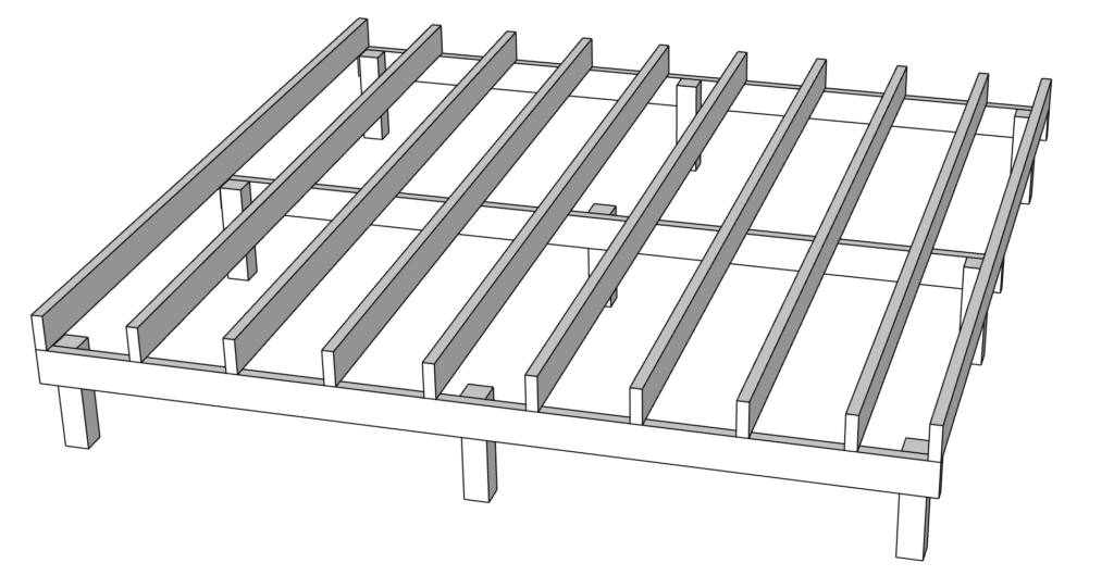 decking frame with joists over the beams