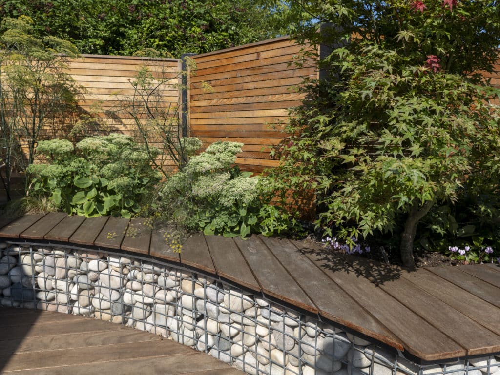 Gabions with wood seating