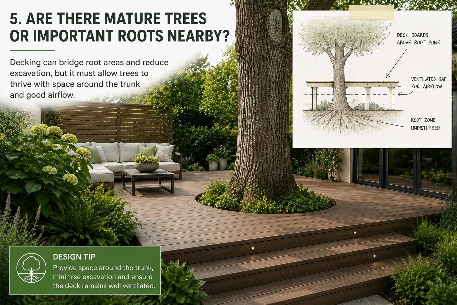 how to deal with roots around a garden deck